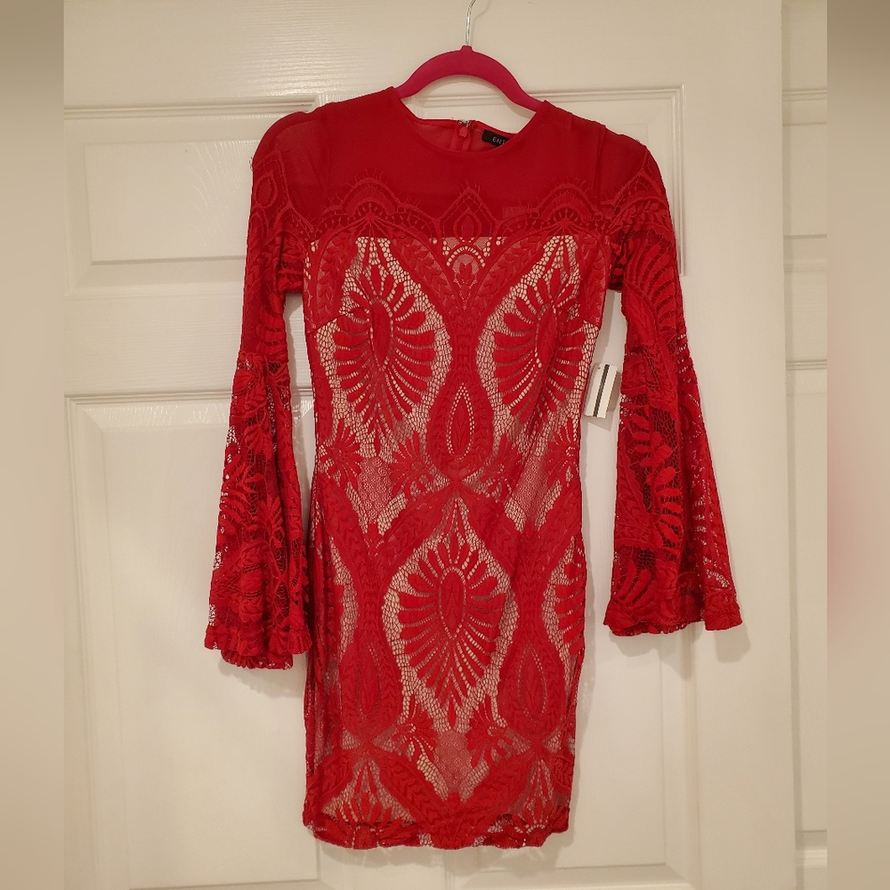 Red Lace, bell sleeve,mini dress size small
